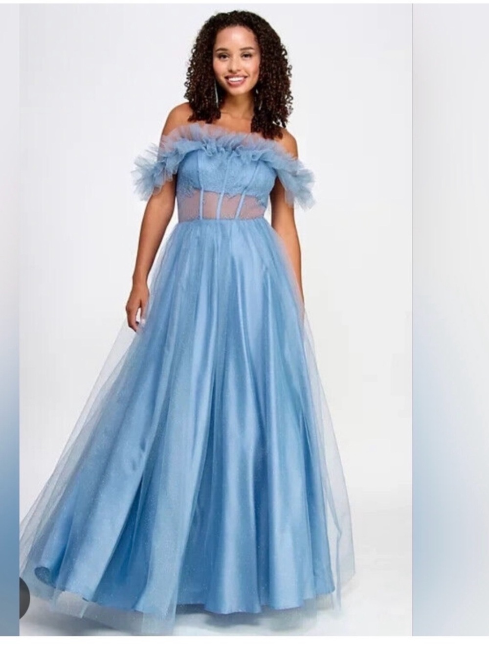 Off-Shoulder Sky Blue Tulle Maxi Dress
